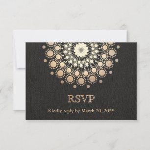 Elegant Gold Circle Motif Black Linen Look RSVP Card