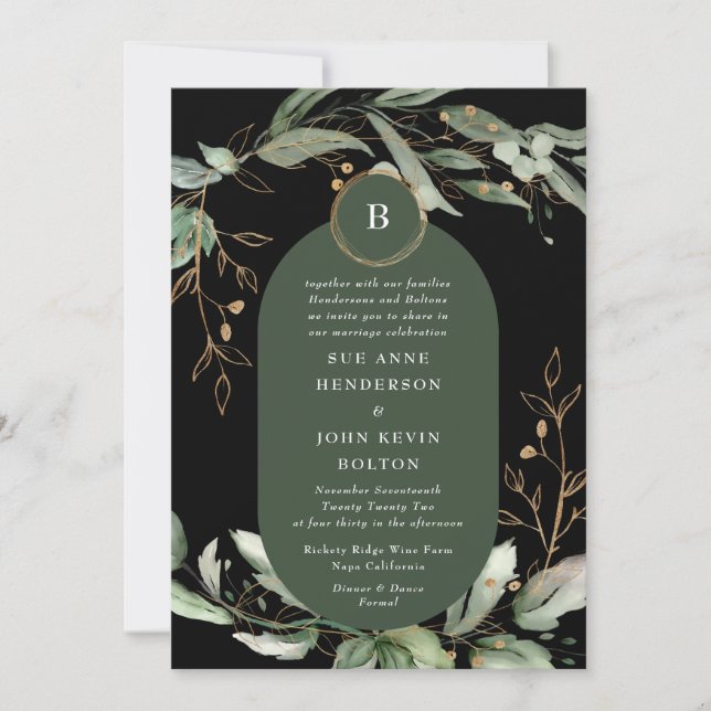 Elegant Gold Circles Eucalyptus Boho Moss Green Invitation (Front)