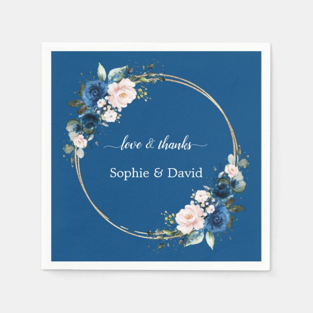 Elegant Gold Class Blue Pink Flowers Bloom Wedding Napkin (Front)