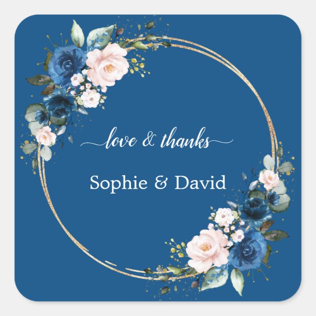 Elegant Gold Class Blue Pink Flowers Bloom Wedding Square Sticker (Front)