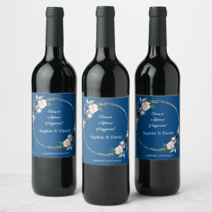 Elegant Gold Class Blue Pink Flowers Bloom Wedding Wine Label