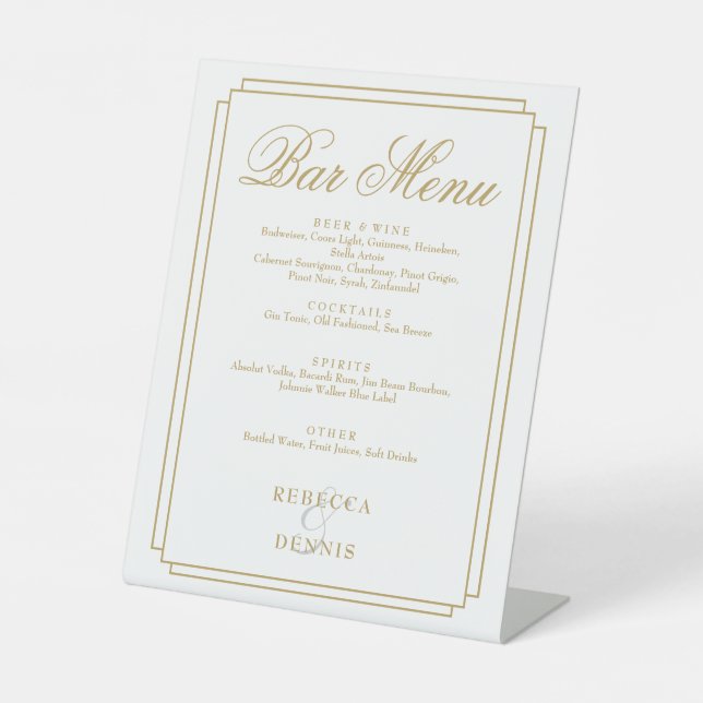 Elegant Gold Classic Art Deco Wedding Bar Menu Pedestal Sign (Front)