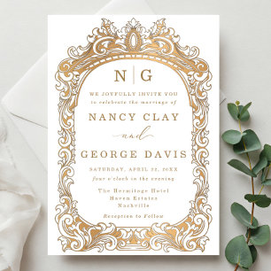 Elegant Gold Classic Vintage Frame Monogram Invitation