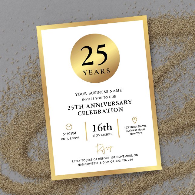 Elegant Gold Company Event Business Anniversary Invitation (Elegant white and gold Business Birthday Invitation with fully editable text, perfect for your party)