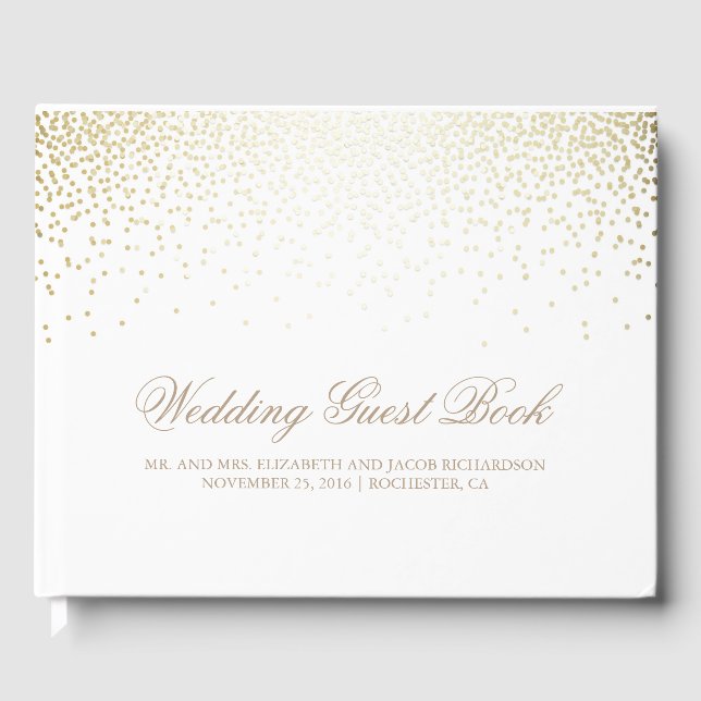 Elegant Gold Confetti Dots White Wedding Guest Book (Front)