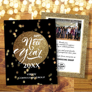 Elegant Gold Confetti Festive Bokeh Business Photo Holiday Card
