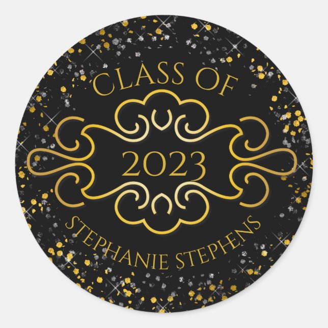 Elegant Gold Confetti Flourish Class of 2023 Name Classic Round Sticker (Front)