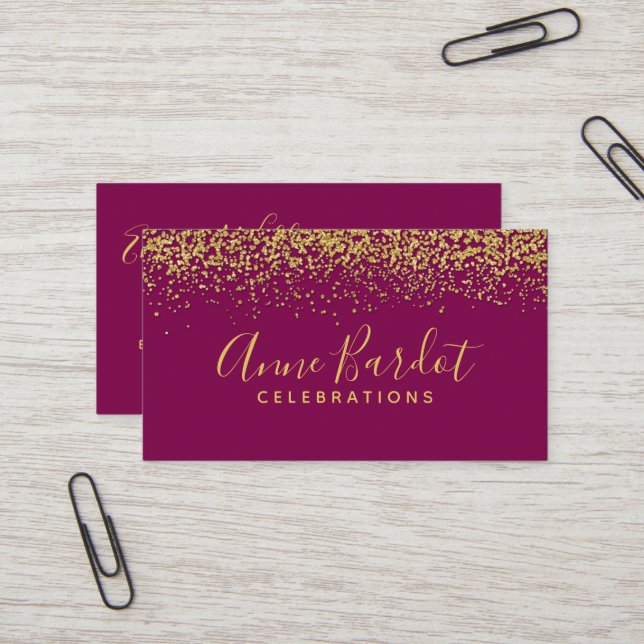Elegant Gold Confetti & Fuchsia Professional Business Card (Front/Back In Situ)