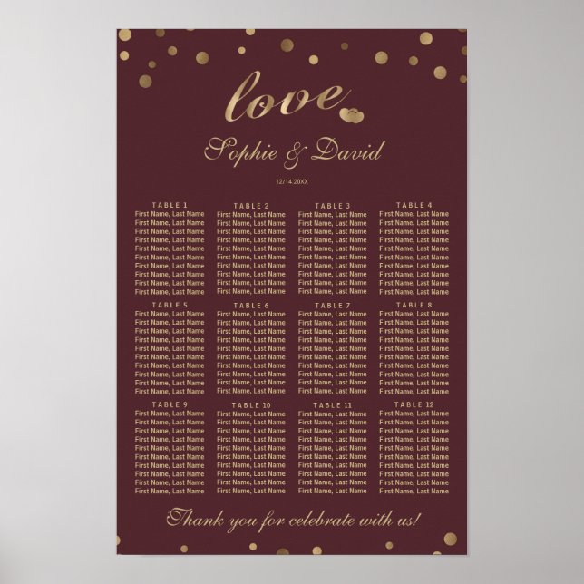 Elegant Gold Confetti Love Burgundy Seating Chart (Front)