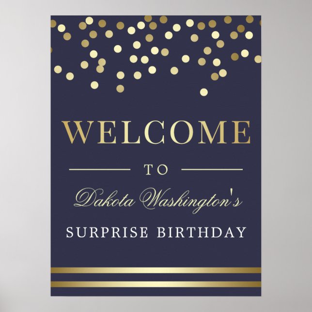 Elegant Gold Confetti & Navy Blue Welcome Sign (Front)