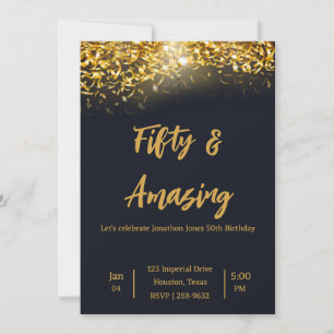 Elegant Gold Confetti on Black 50th Birthday Invitation