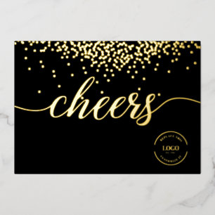 Elegant gold confetti on black Cheers logo Foil Holiday Card