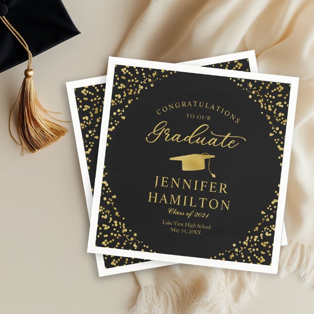 Elegant Gold Confetti On Black Graduation Napkins (Creator Uploaded)
