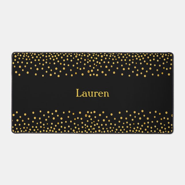 Elegant Gold Confetti on Black Personalized Desk Mat (Front)
