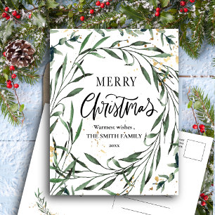 Elegant Gold Confetti Pine Foliage Greenery Script Holiday Postcard
