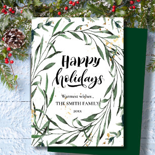Elegant Gold Confetti Pine Foliage Modern Script Holiday Card