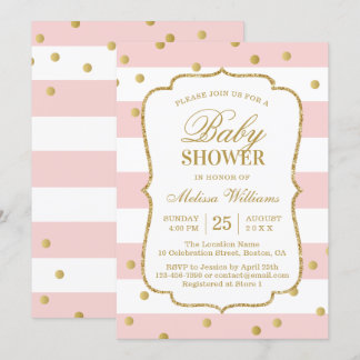 Elegant Gold Confetti Pink Stripes Baby Shower Invitation