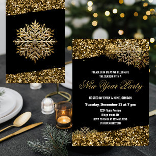 Elegant Gold Confetti Snowflakes New Year Party Invitation