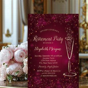 Elegant Gold Confetti Wine Glass Red Retirement Invitation