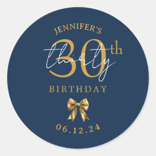 Elegant Gold Coquette Bow 30th Birthday Navy Blue Classic Round Sticker