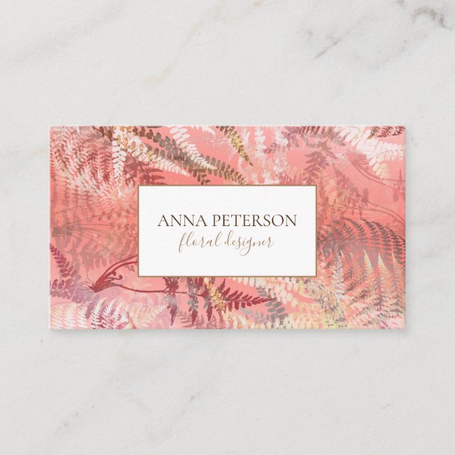 Elegant Gold Coral Pink Fern Leaves Business Card (Front)
