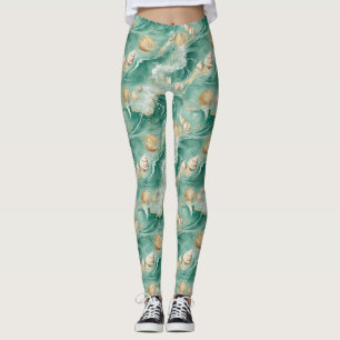 Elegant Gold Coral & Seashell Watercolor Art (2) Leggings