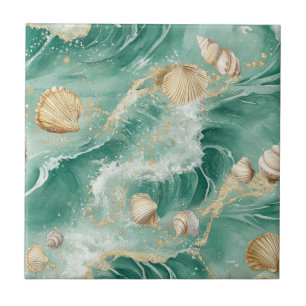 Elegant Gold Coral & Seashell Watercolor Art (2) Tile