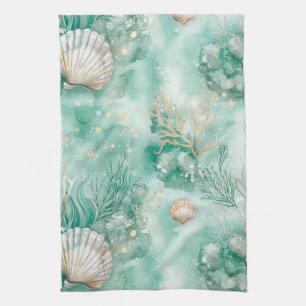 Elegant Gold Coral & Seashell Watercolor Art Kitchen Towel