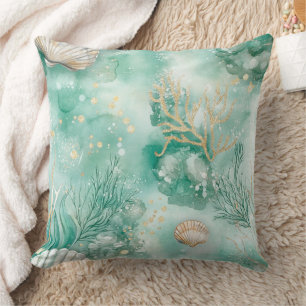 Elegant Gold Coral & Seashell Watercolor Art Throw Pillow