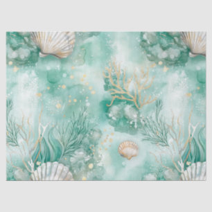 Elegant Gold Coral & Seashell Watercolor Art Tissue Paper