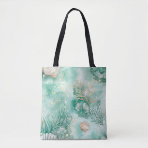 Elegant Gold Coral & Seashell Watercolor Art Tote Bag