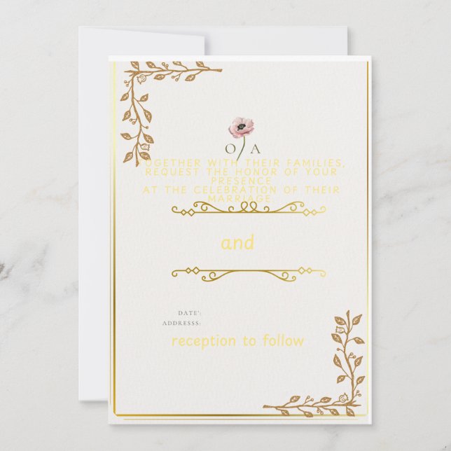 Elegant Gold Corner Wedding Invitation | Simple Fl (Front)