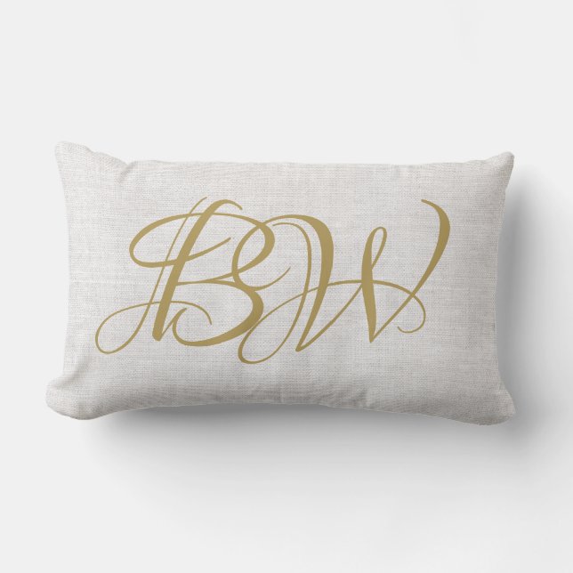 Elegant Gold Couples Monogram Initials White Linen Lumbar Pillow (Front)