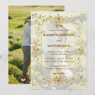 Elegant gold couples portrait rustic photo wedding invitation