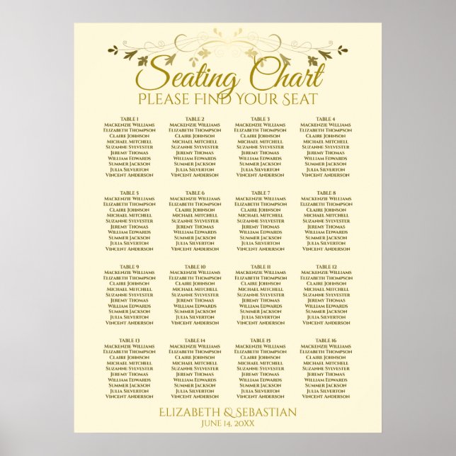Elegant Gold Cream 16 Table Wedding Seating Chart (Front)