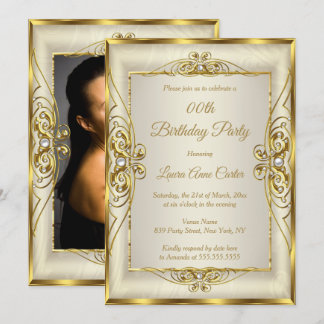 Elegant Gold Cream Pearl Photo Birthday Party Invitation