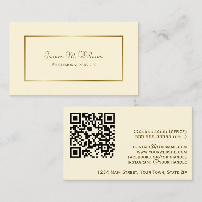 Elegant Gold & Cream Professional QR Code Business Card (Front/Back)