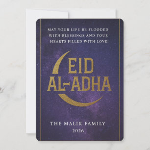 Elegant Gold Crescent on Starry Night Sky Eid Holiday Card