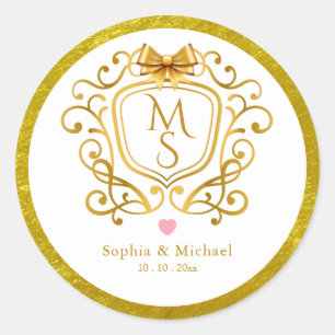 Elegant Gold Crest Vintage Monogram Wedding Favour Classic Round Sticker