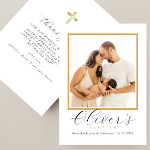 Elegant Gold Cross Baby´s Baptism Photo Script Thank You Card
