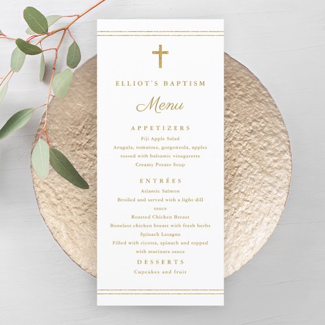 Elegant Gold Cross Baptism Menu (Elegant gold cross gender neutral baptism menu.)