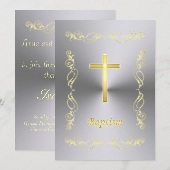 Elegant Gold Cross Baptism on metal background Inv Invitation (Front/Back)