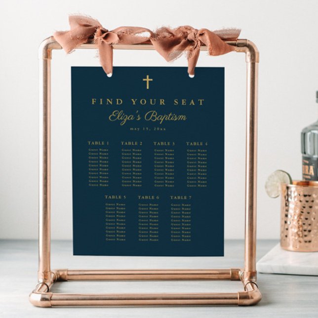 Elegant Gold Cross Baptism Seating Chart (Simple gold cross baptism seating chart sign.)