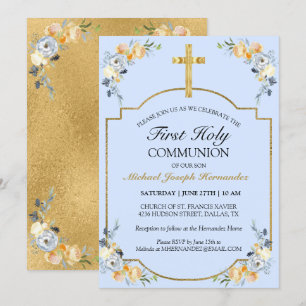 Elegant Gold Cross Blue Floral 1st Holy Communion Invitation