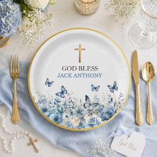 Elegant Gold Cross Blue Floral Baptism Paper Plate
