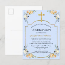 Elegant Gold Cross Blue Floral Confirmation Invita