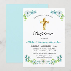 Elégant Gold Cross Boy's Blue Baptism Invitation