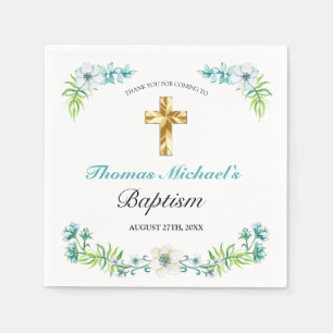 Elegant Gold Cross Boy's Blue Baptism Napkin