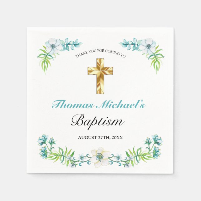 Elegant Gold Cross Boy's Blue Baptism Napkin (Front)