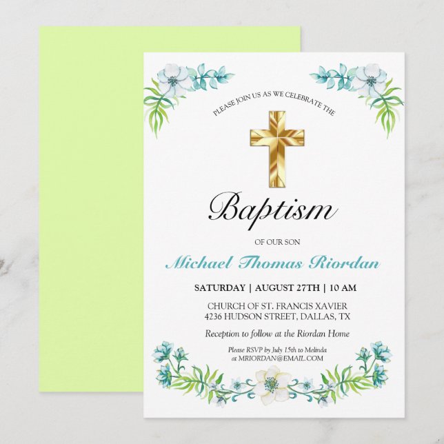Elégant Gold Cross Boy's Green Baptism Invitation (Devant / Derrière)